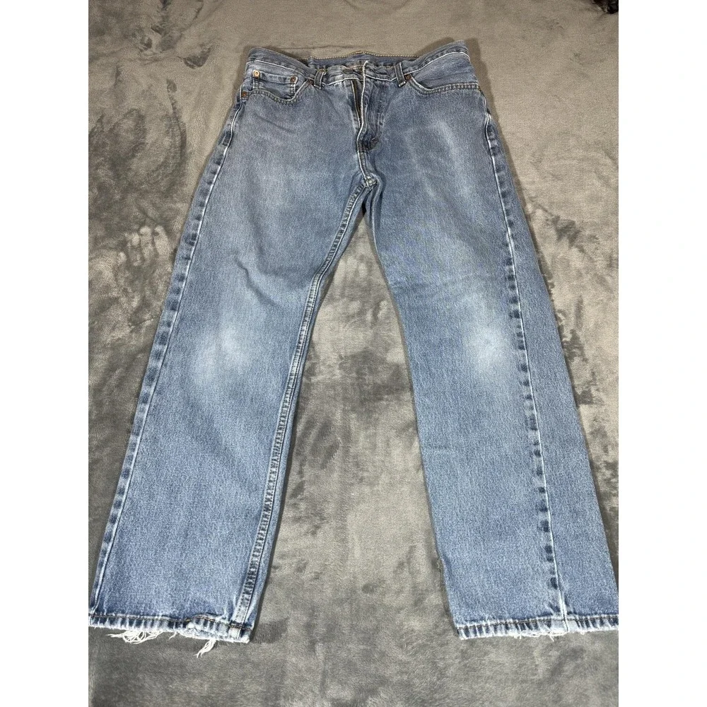 Levi's 505 Jeans Mens 33x27 Light Wash Blue Straight Leg Regular Fit Frayed Hem